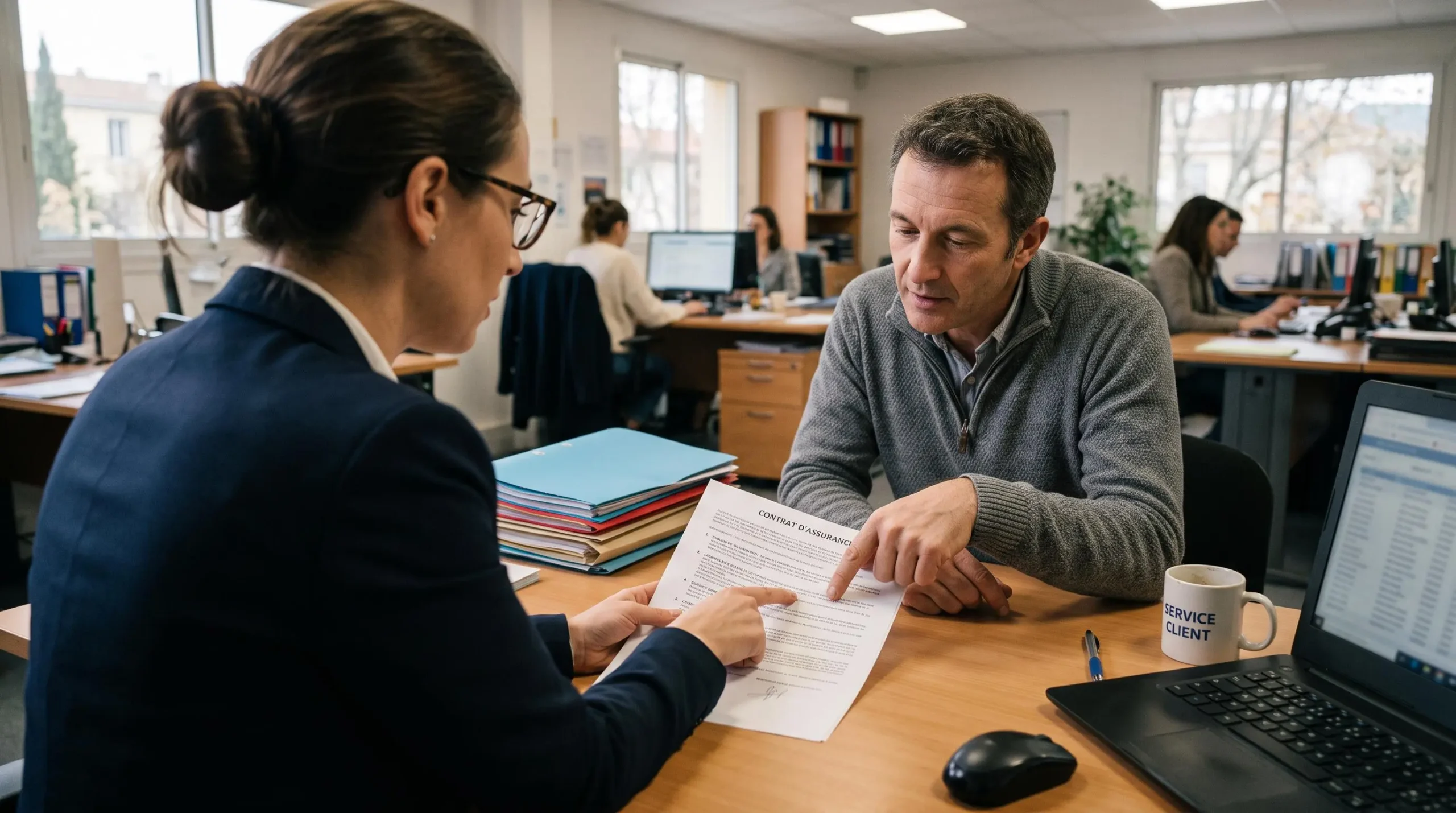 Un conseiller explique une clause du contrat d'assurance vie à une cliente au bureau.