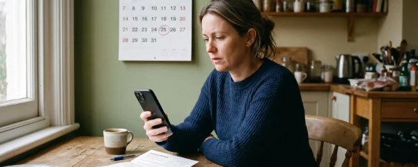 Une femme consulte son application bancaire à la cuisine, une lettre d'assurance posée à côté.