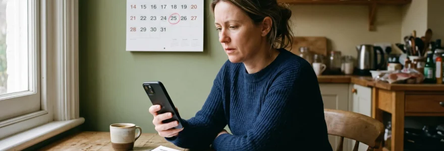 Une femme consulte son application bancaire à la cuisine, une lettre d'assurance posée à côté.