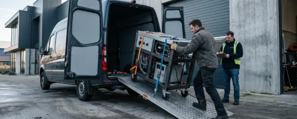 Un technicien attache un prototype sur un chariot avant son départ pour des essais externes.