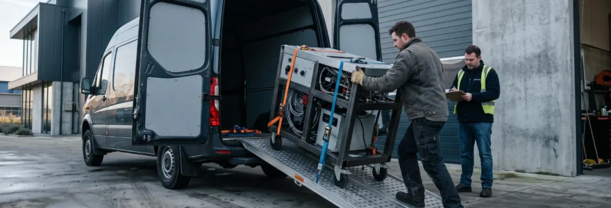 Un technicien attache un prototype sur un chariot avant son départ pour des essais externes.