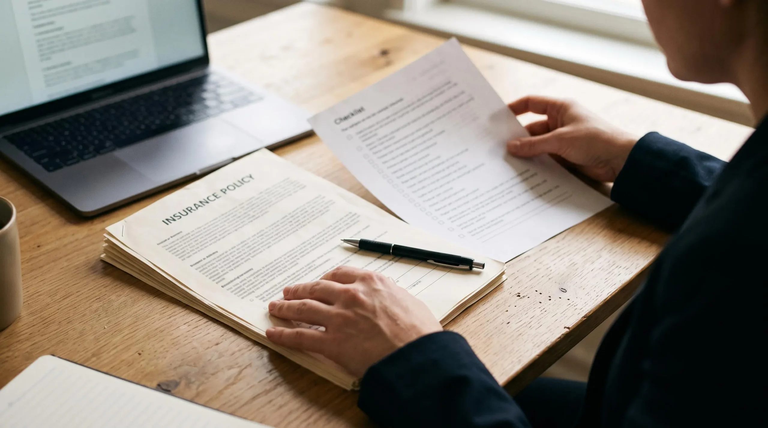 Un gestionnaire compare un contrat d'assurance et une liste de vérification sur son bureau.